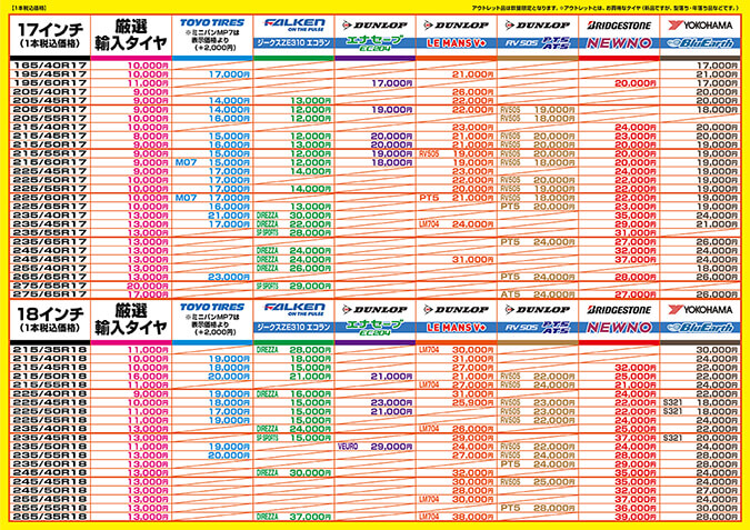 2025年夏タイヤ価格表（17インチ～18インチ）