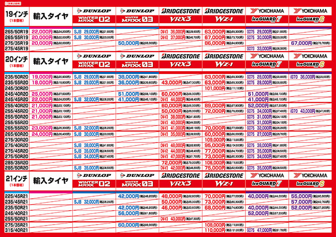 2025スタッドレスタイヤ価格表19インチ～21インチ
